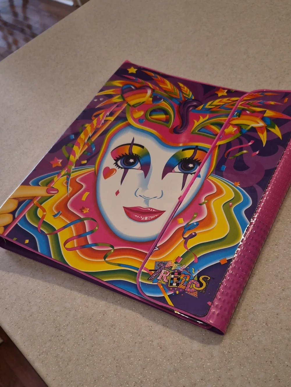 Vintage 1990s Lisa Frank Mardi Gras Clown Masquerade Jester Tri-Fold Binder